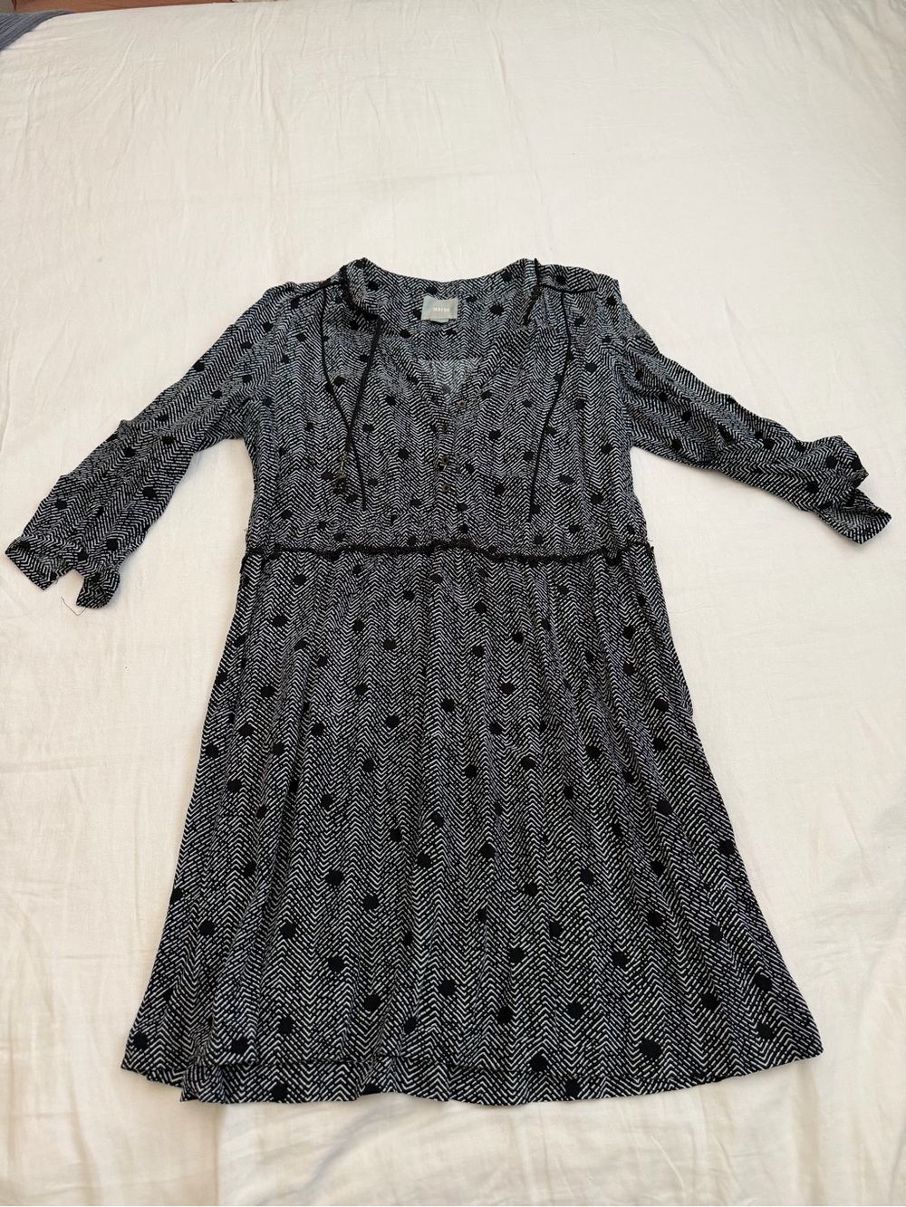 Maeve Black and White Printed Long-Sleeve V-Neck Dress